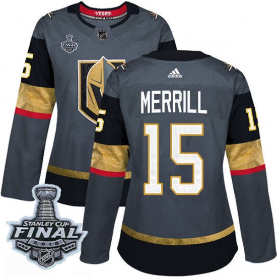 Adidas Jon Merrill Vegas Golden Knights Women's Authentic Gray Home 2018 Stanley Cup Final Patch Jersey - Gold