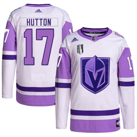 Adidas Ben Hutton Vegas Golden Knights Youth Authentic Hockey Fights Cancer Primegreen 2023 Stanley Cup Final Jersey - White/Pur