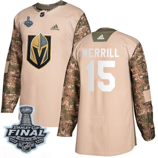 Adidas Jon Merrill Vegas Golden Knights Youth Authentic Camo Veterans Day Practice 2018 Stanley Cup Final Patch Jersey - Gold