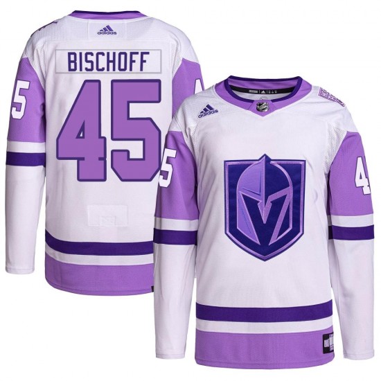 Adidas Jake Bischoff Vegas Golden Knights Men's Authentic Hockey Fights Cancer Primegreen Jersey - White/Purple