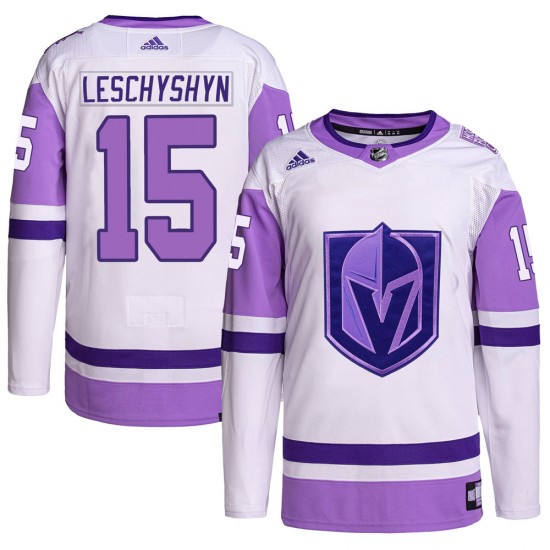 Adidas Jake Leschyshyn Vegas Golden Knights Men's Authentic Hockey Fights Cancer Primegreen Jersey - White/Purple