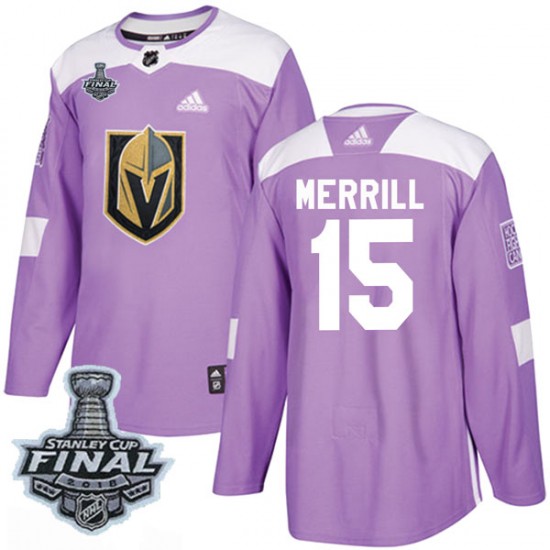 Adidas Jon Merrill Vegas Golden Knights Men's Authentic Fights Cancer Practice 2018 Stanley Cup Final Patch Jersey - Purple