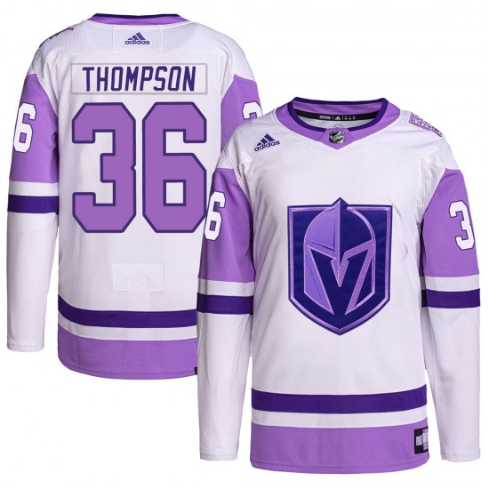 Adidas Logan Thompson Vegas Golden Knights Youth Authentic Hockey Fights Cancer Primegreen Jersey - White/Purple